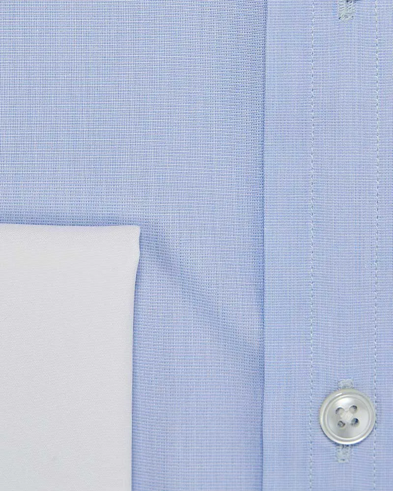 Classic Fit Plain Sky Blue End-On-End Cotton Shirt with Classic Collar & Double Cuff