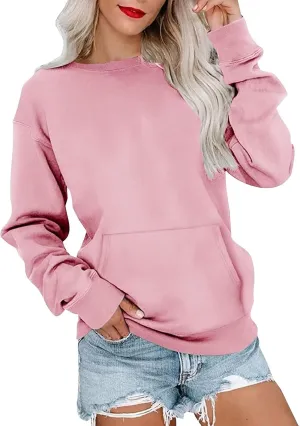 Crew Neck Sweatshirts Women Fleece Long Sleeve Cute Sweatshirts No Hooded Preppy Soft Tunic Hoodie with Pockets