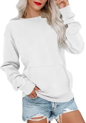 Crew Neck Sweatshirts Women Fleece Long Sleeve Cute Sweatshirts No Hooded Preppy Soft Tunic Hoodie with Pockets