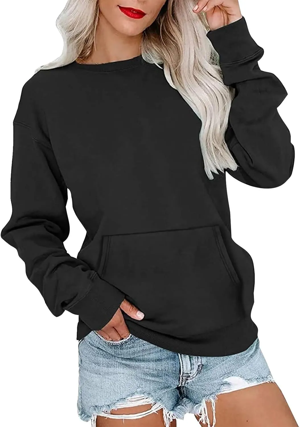 Crew Neck Sweatshirts Women Fleece Long Sleeve Cute Sweatshirts No Hooded Preppy Soft Tunic Hoodie with Pockets