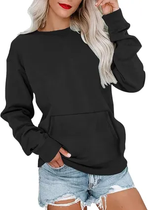 Crew Neck Sweatshirts Women Fleece Long Sleeve Cute Sweatshirts No Hooded Preppy Soft Tunic Hoodie with Pockets