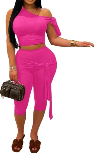 CXXQ Sexy 2 Piece Outfits Off Shoulder Self Tie Crop Tops and Capri Legging Set Tracksuits Clubwear