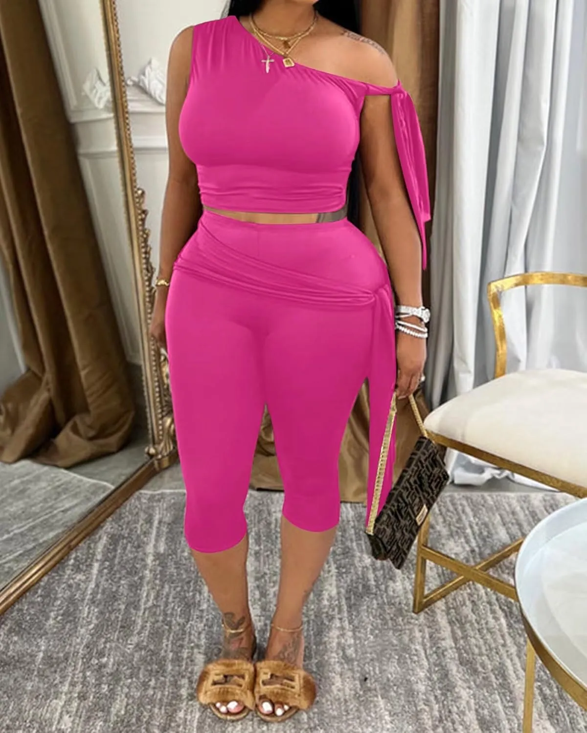 CXXQ Sexy 2 Piece Outfits Off Shoulder Self Tie Crop Tops and Capri Legging Set Tracksuits Clubwear