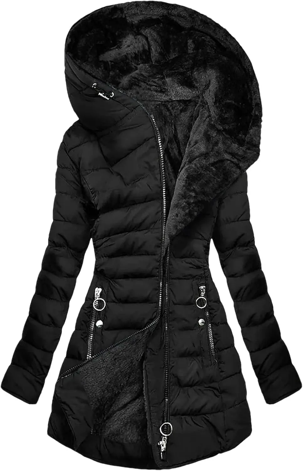 Dcvmvmn Women's Winter Down Jacket Casual Hooded Cotton Outerwears Padded Puffer Parkas Coats Black