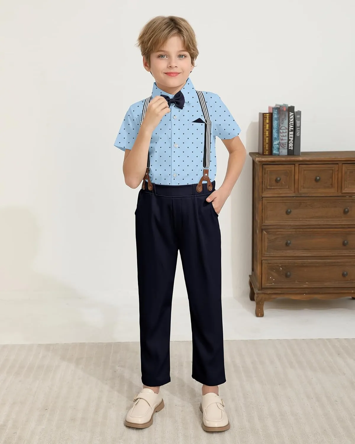 DISAUR Boys Suits 3 Pieces Formal Dress Shirt with Bowtie Suspender Pants Boy Gentleman Outfits Set 4-8 Years