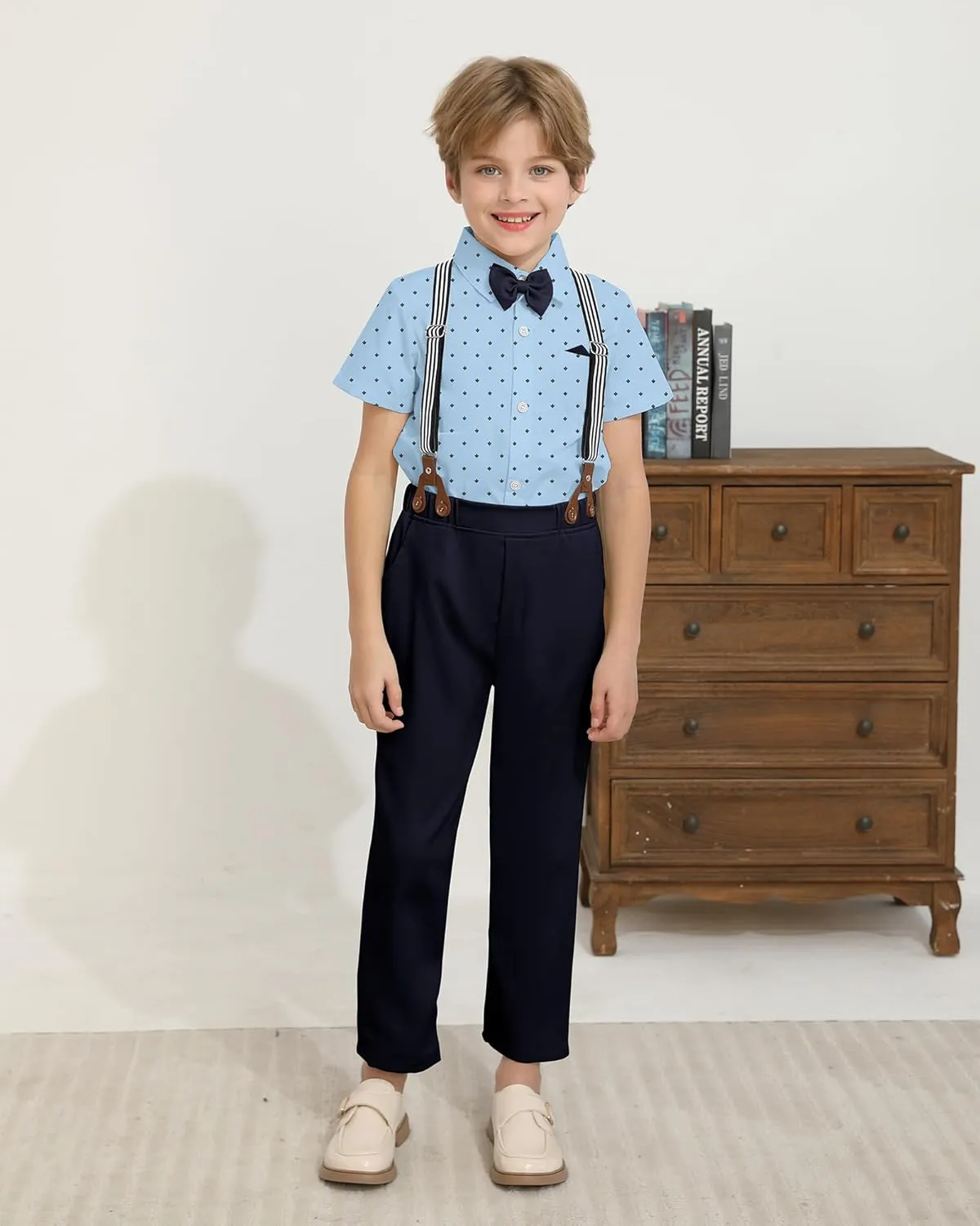DISAUR Boys Suits 3 Pieces Formal Dress Shirt with Bowtie Suspender Pants Boy Gentleman Outfits Set 4-8 Years