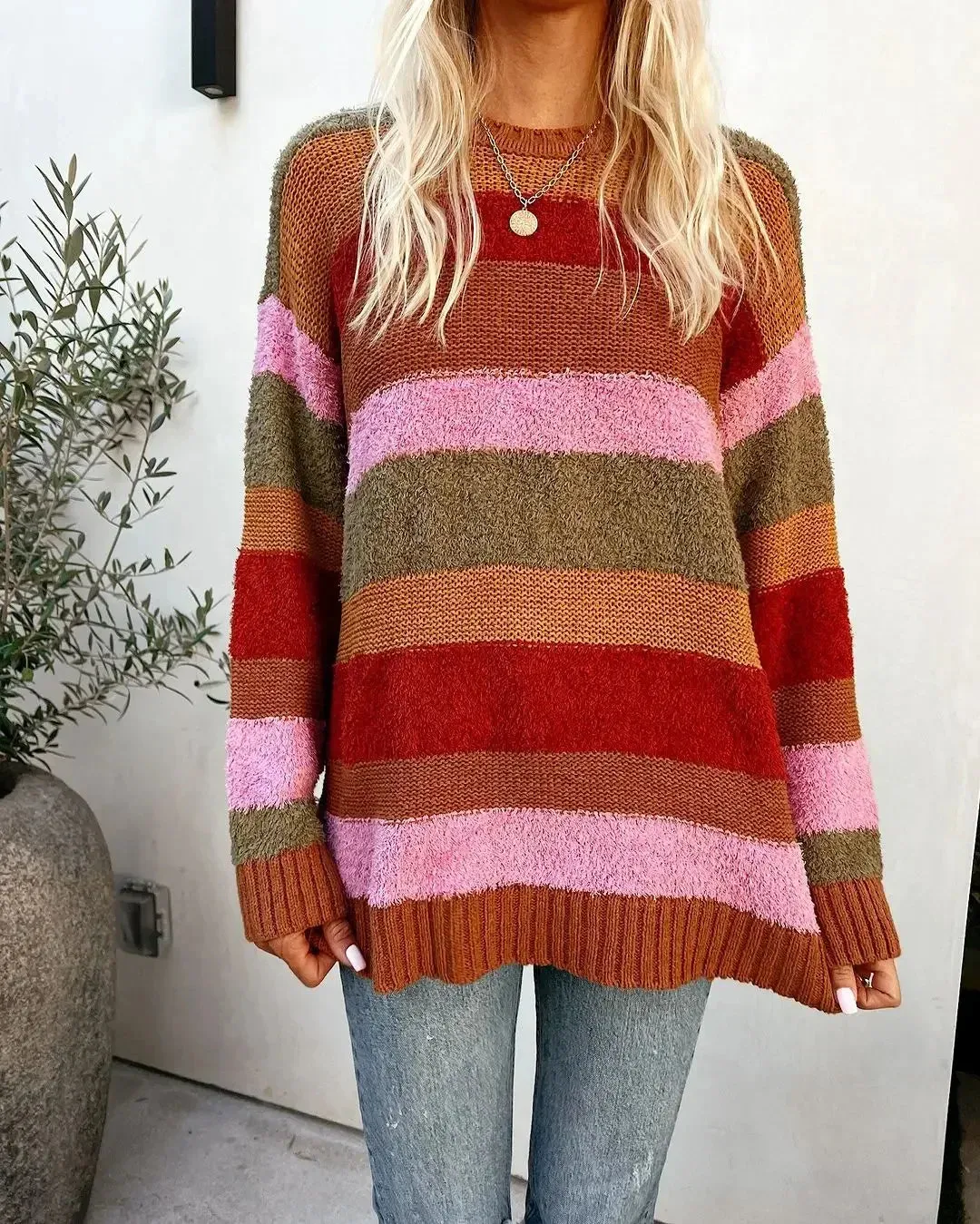Elegant Sweet Colorful Striped Loose Knitted Women Casual O Neck Long Sleeve Sweater