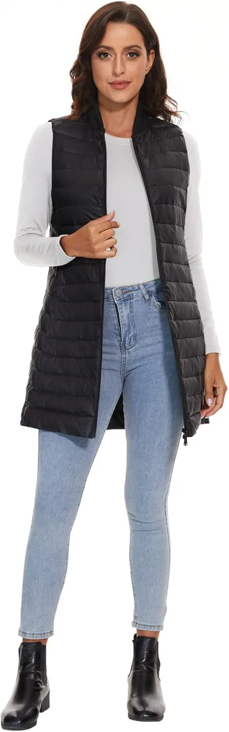 ELFJOY Long Puffer Vest Women Sleeveless Down Vest Women with Zipper Winter Lightweight Womens Vests Outerwear