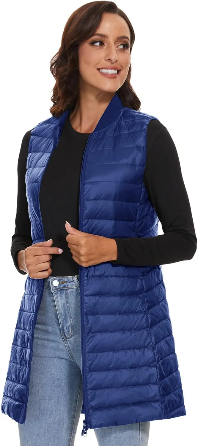 ELFJOY Long Puffer Vest Women Sleeveless Down Vest Women with Zipper Winter Lightweight Womens Vests Outerwear