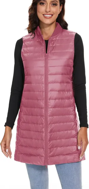 ELFJOY Long Puffer Vest Women Sleeveless Down Vest Women with Zipper Winter Lightweight Womens Vests Outerwear