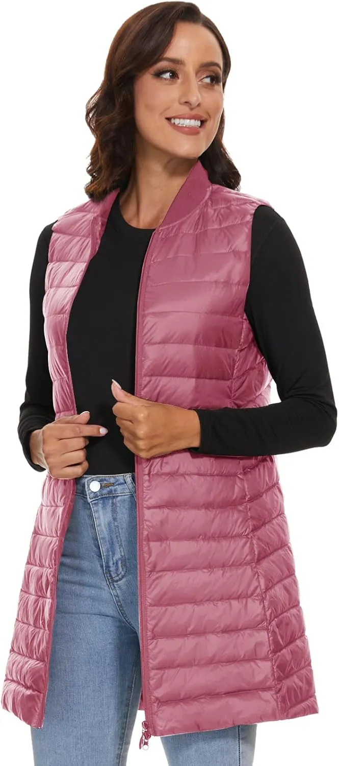 ELFJOY Long Puffer Vest Women Sleeveless Down Vest Women with Zipper Winter Lightweight Womens Vests Outerwear