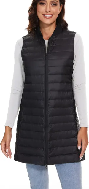 ELFJOY Long Puffer Vest Women Sleeveless Down Vest Women with Zipper Winter Lightweight Womens Vests Outerwear