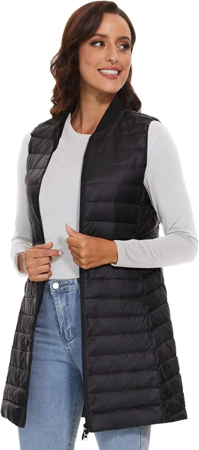 ELFJOY Long Puffer Vest Women Sleeveless Down Vest Women with Zipper Winter Lightweight Womens Vests Outerwear