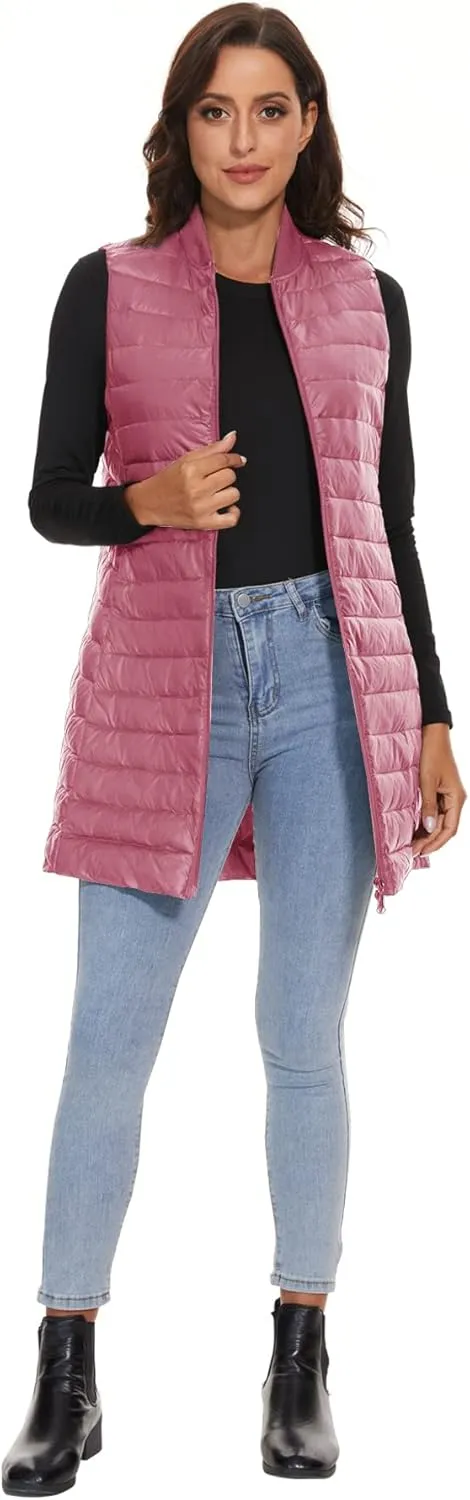 ELFJOY Long Puffer Vest Women Sleeveless Down Vest Women with Zipper Winter Lightweight Womens Vests Outerwear