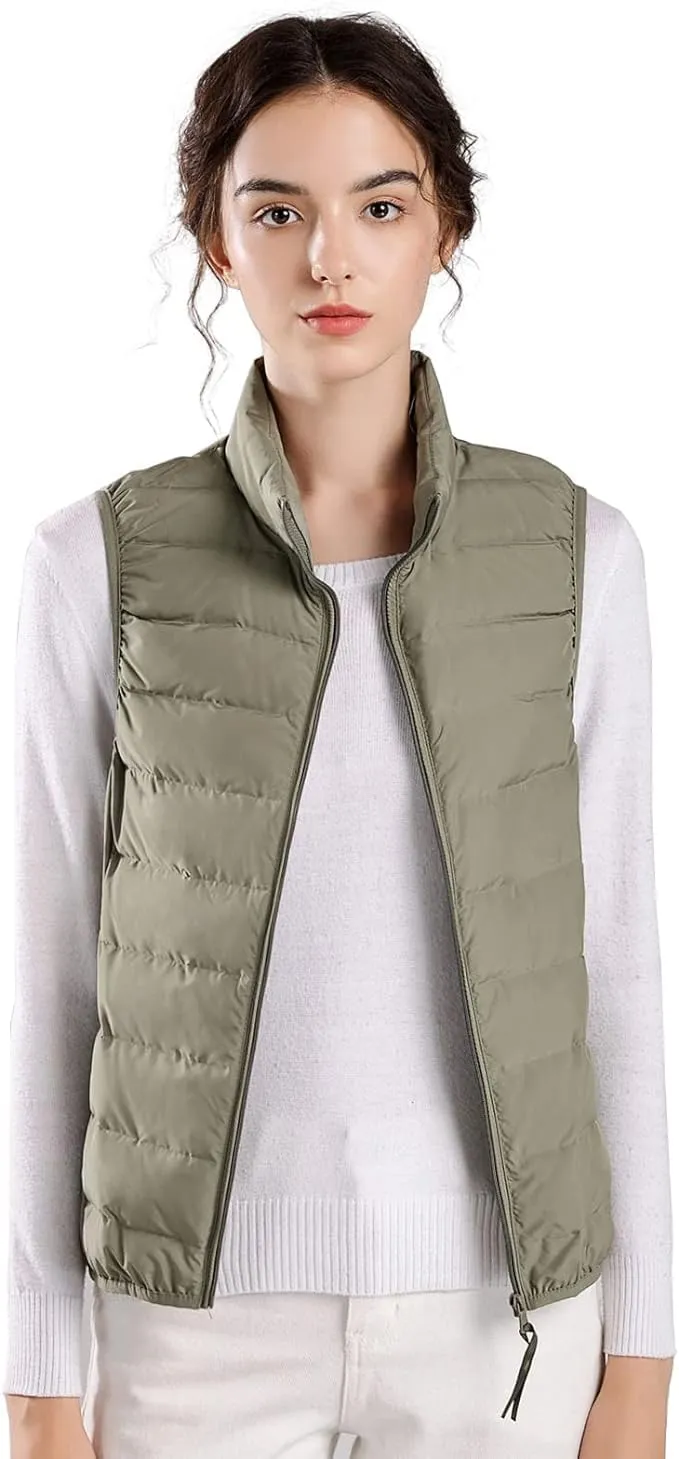 ELFJOY Winter Puffer Vest Women Lightweight Sleeveless Down Vest Stand Collar Womens Vests Outerwear Zip up Padded Gielt