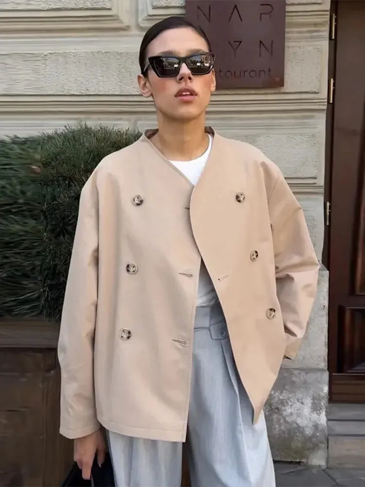 Fashionkova Women Fashion Double Breasted Buckle Solid Jacket Casual O-neck Long Sleeve Loose Jacket 2024 Autumn New Female Outwear