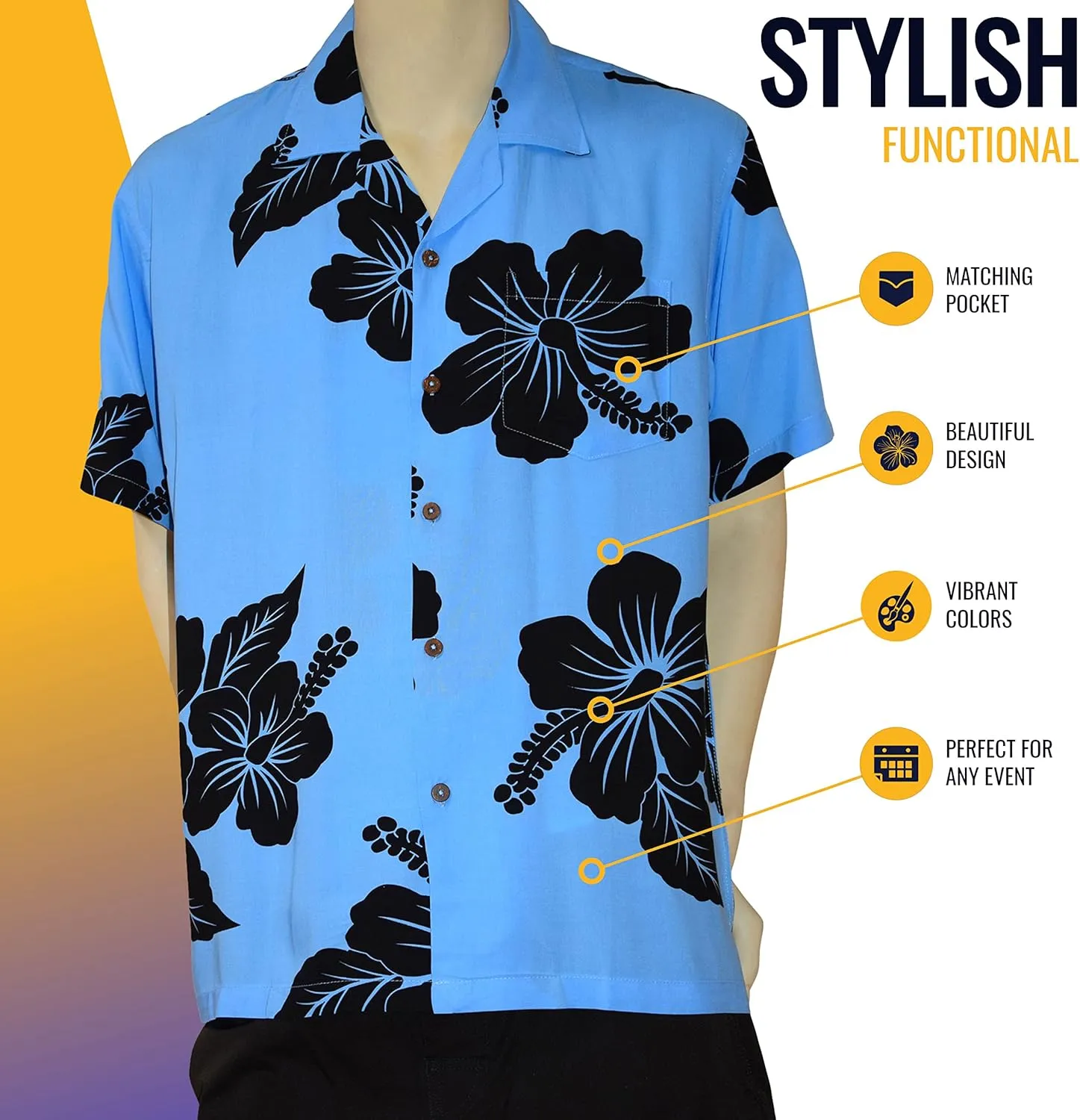 Favant Hawaiian Shirts - Hibiscus Comfortable Hawaiian Beach Shirt for Men. Lightweight Mens Hawaiian Shirts Dries Quickly