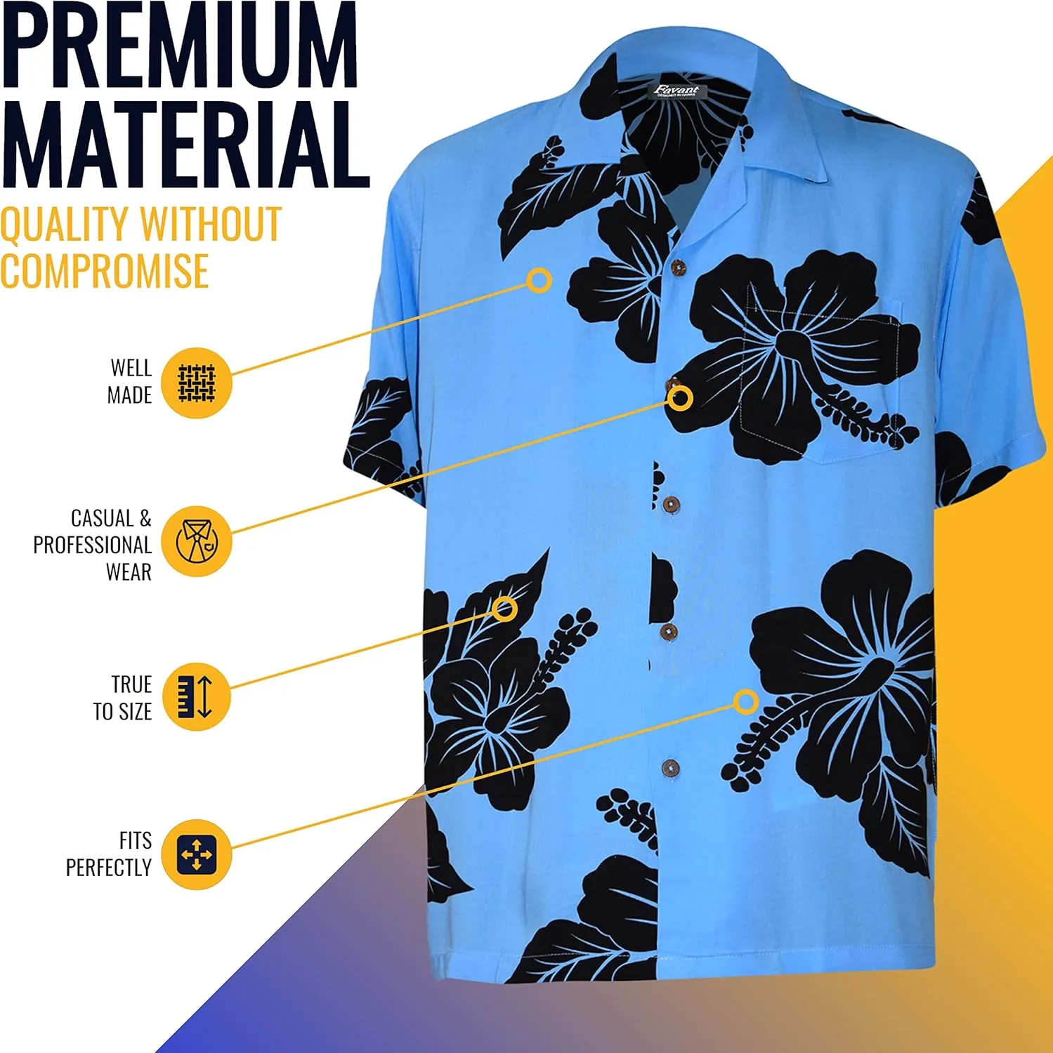 Favant Hawaiian Shirts - Hibiscus Comfortable Hawaiian Beach Shirt for Men. Lightweight Mens Hawaiian Shirts Dries Quickly