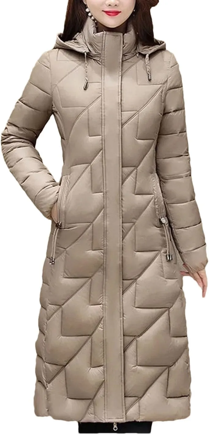 Fjnbbiot Women's Winter Cold Coats Long Parkas Warm Down Basic Jacket Fashion Cotton Padded Outwear Hooded Windproof Overcoat