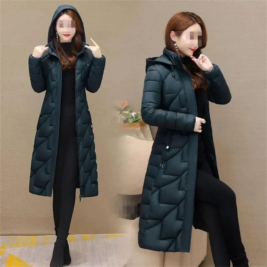 Fjnbbiot Women's Winter Cold Coats Long Parkas Warm Down Basic Jacket Fashion Cotton Padded Outwear Hooded Windproof Overcoat