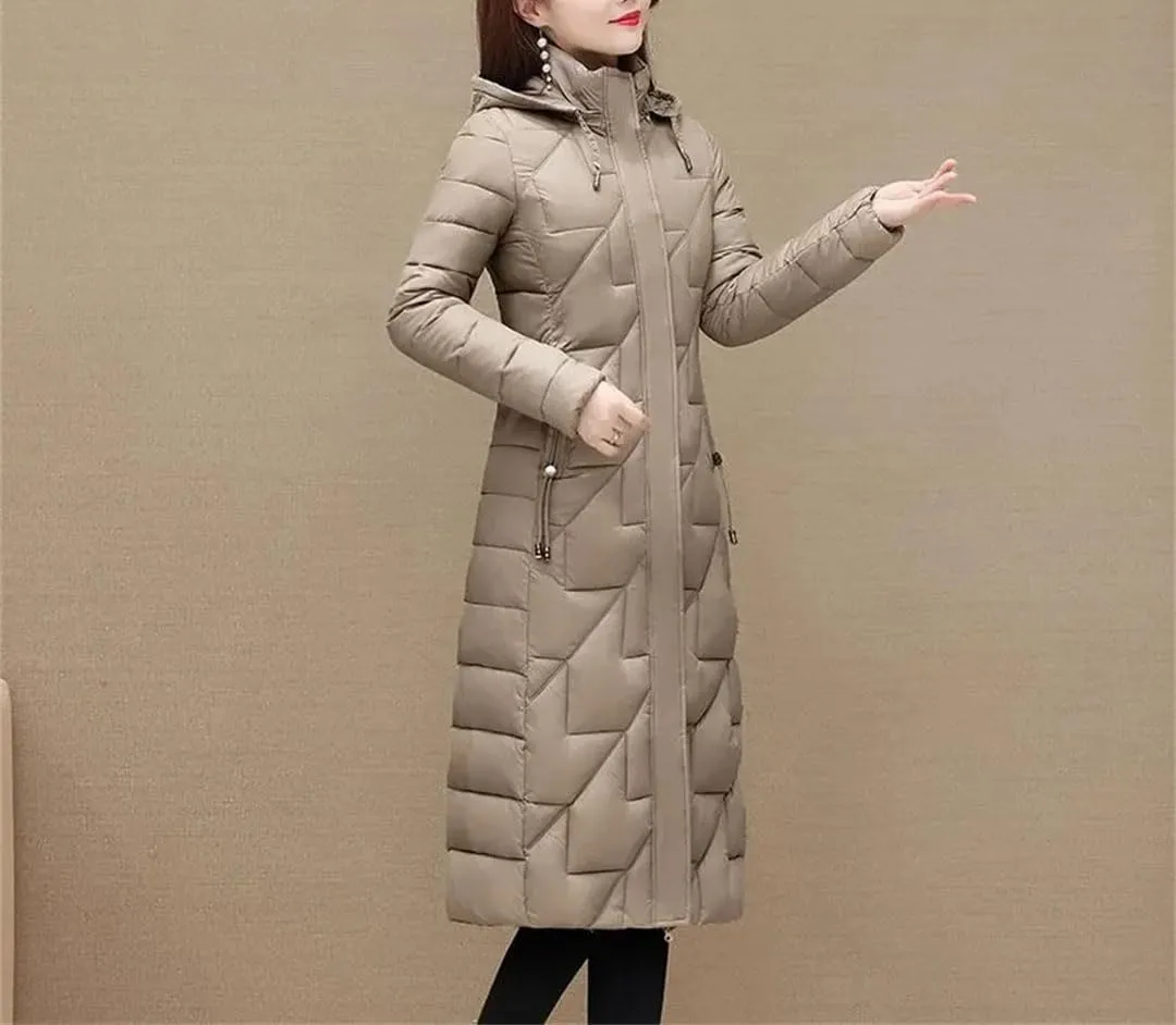 Fjnbbiot Women's Winter Cold Coats Long Parkas Warm Down Basic Jacket Fashion Cotton Padded Outwear Hooded Windproof Overcoat