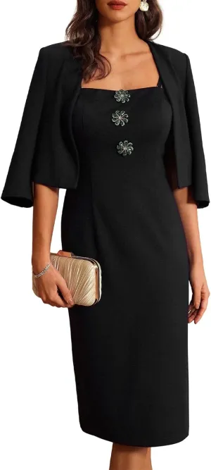 GRACE KARIN Women's Formal Dresses Office Business Work 2 Piece Outfits Midi Bodycon Dress with 3/4 Sleeve Jacket Suit Sets
