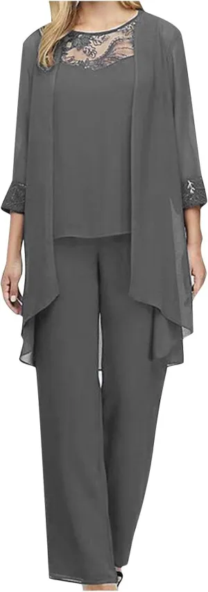 HGps8w Women 3 Pieces Mother of The Bride Pant Suits Elegant Chiffon Jacket Wedding Guest Formal Outfit Set for Evening Gown