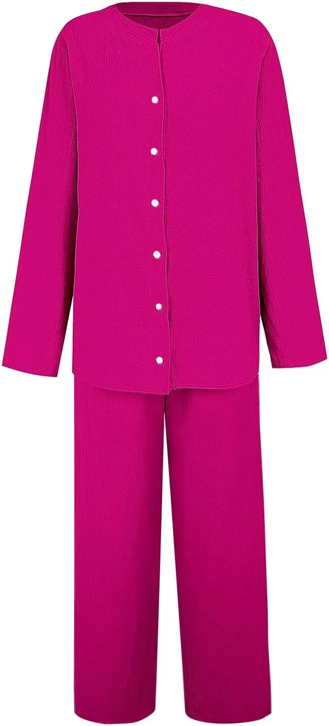 Lounge Sets for Women - Cotton Linen Pants Sets Summer Oversized Long Sleeve Button Shirt Casual Outfits Comfy Suit