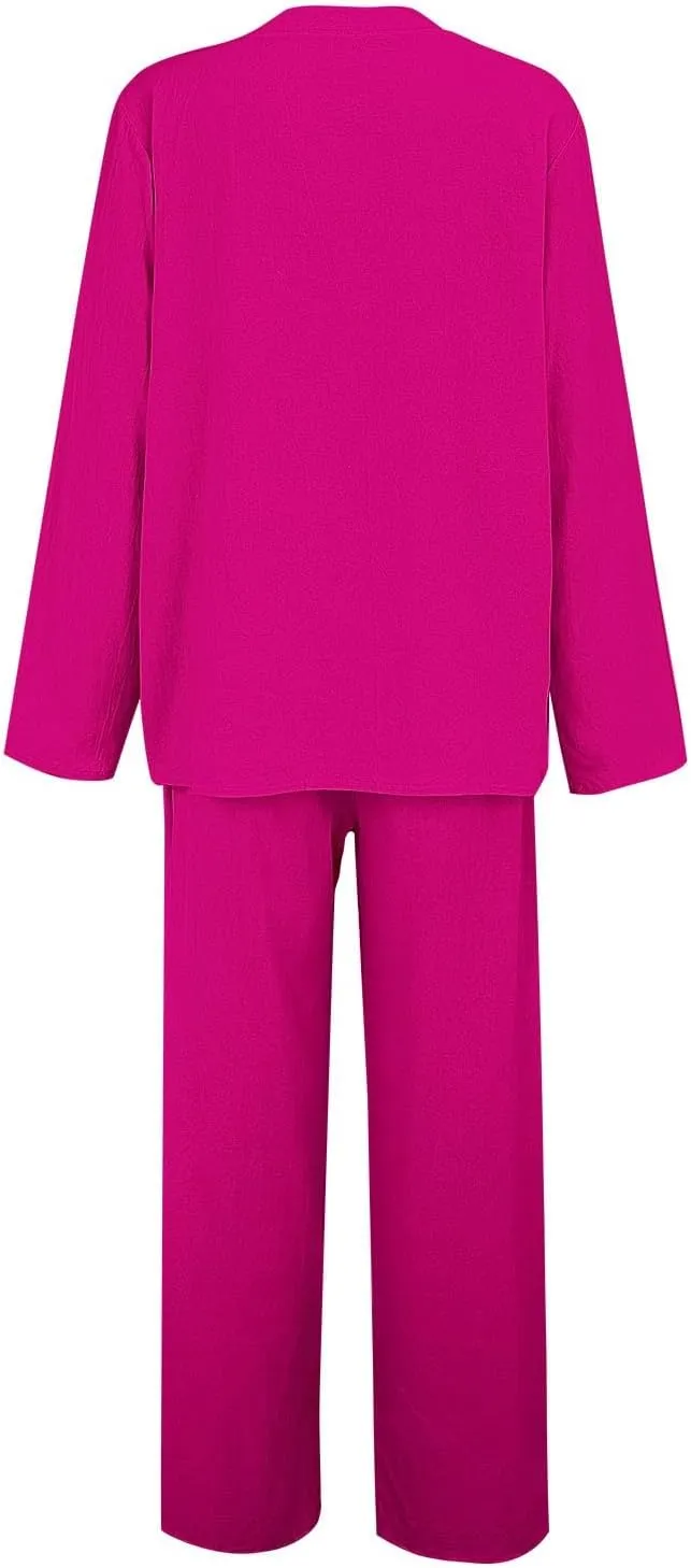 Lounge Sets for Women - Cotton Linen Pants Sets Summer Oversized Long Sleeve Button Shirt Casual Outfits Comfy Suit