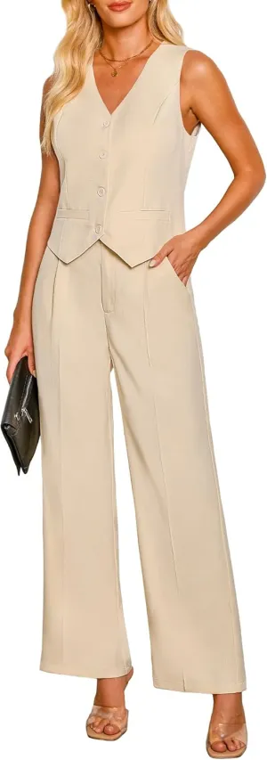 luvamia Pant Suits for Women Dressy Casual 2 Piece Sets Sleeveless Blazer Vest with High Rise Wide Leg Pants Work Office