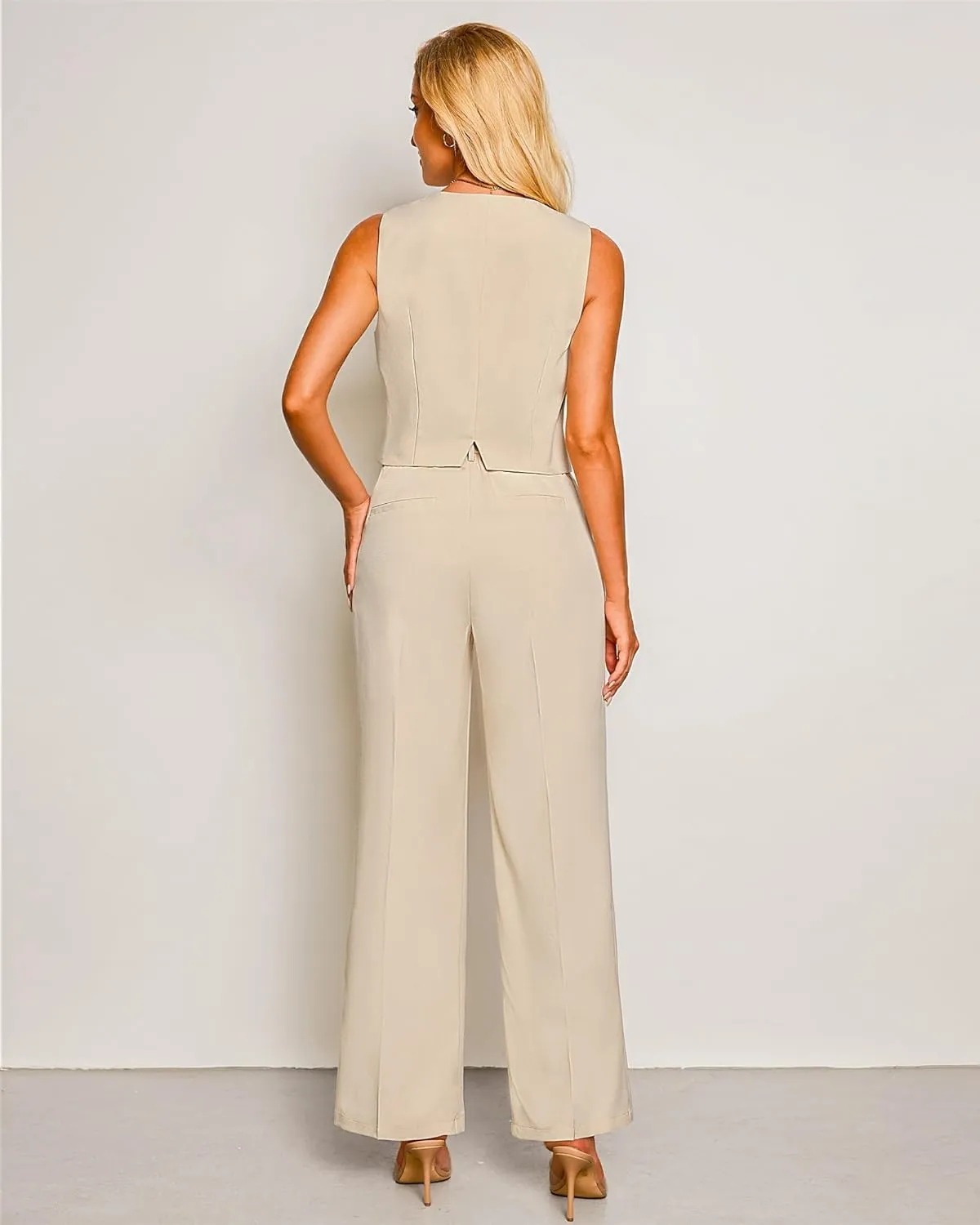 luvamia Pant Suits for Women Dressy Casual 2 Piece Sets Sleeveless Blazer Vest with High Rise Wide Leg Pants Work Office