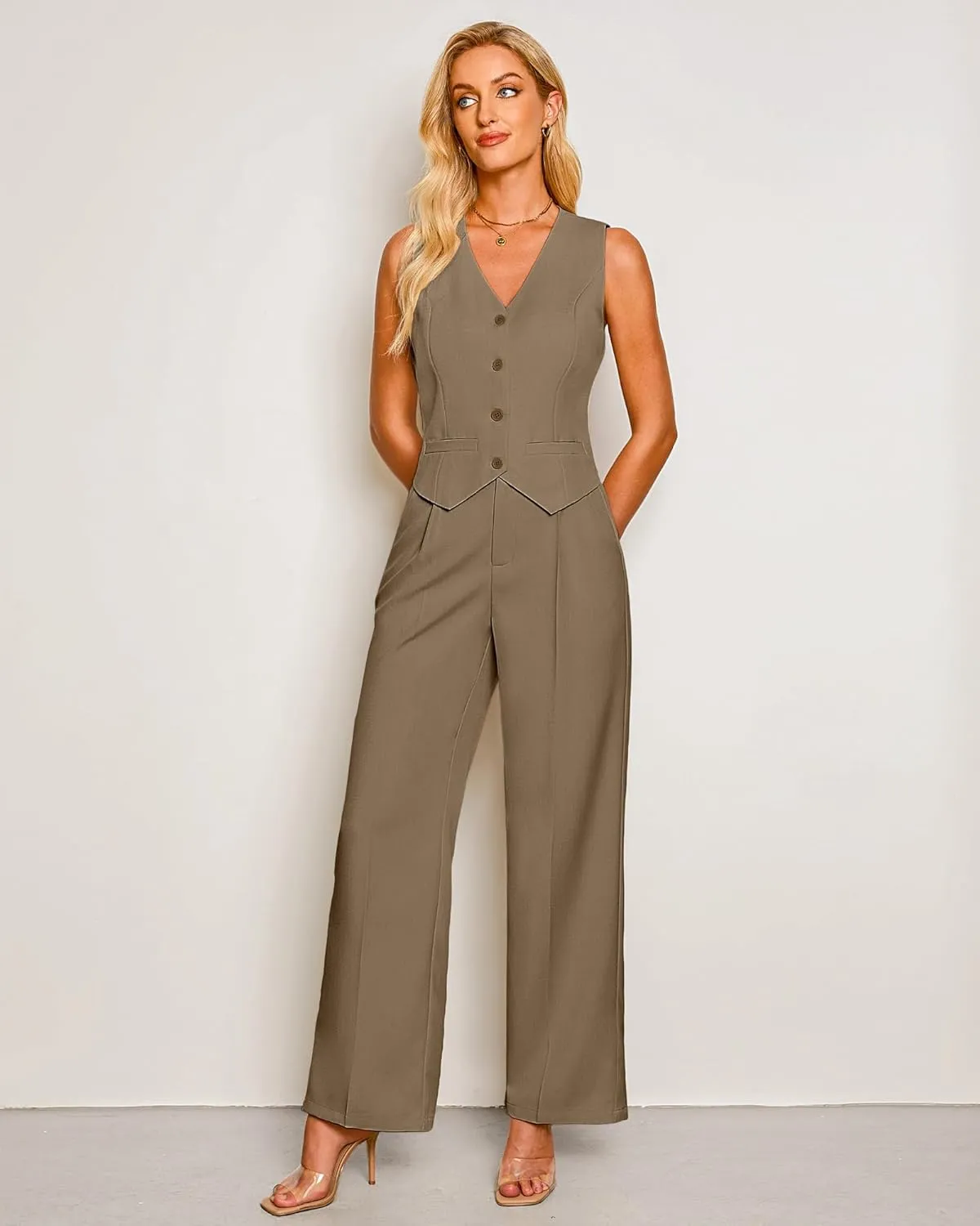 luvamia Pant Suits for Women Dressy Casual 2 Piece Sets Sleeveless Blazer Vest with High Rise Wide Leg Pants Work Office