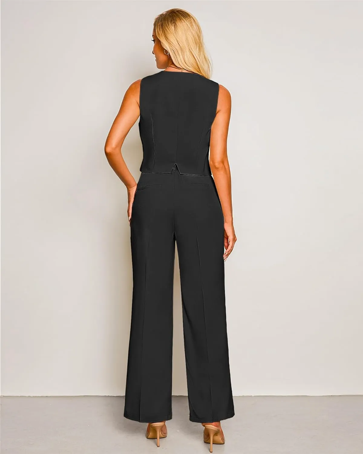 luvamia Pant Suits for Women Dressy Casual 2 Piece Sets Sleeveless Blazer Vest with High Rise Wide Leg Pants Work Office