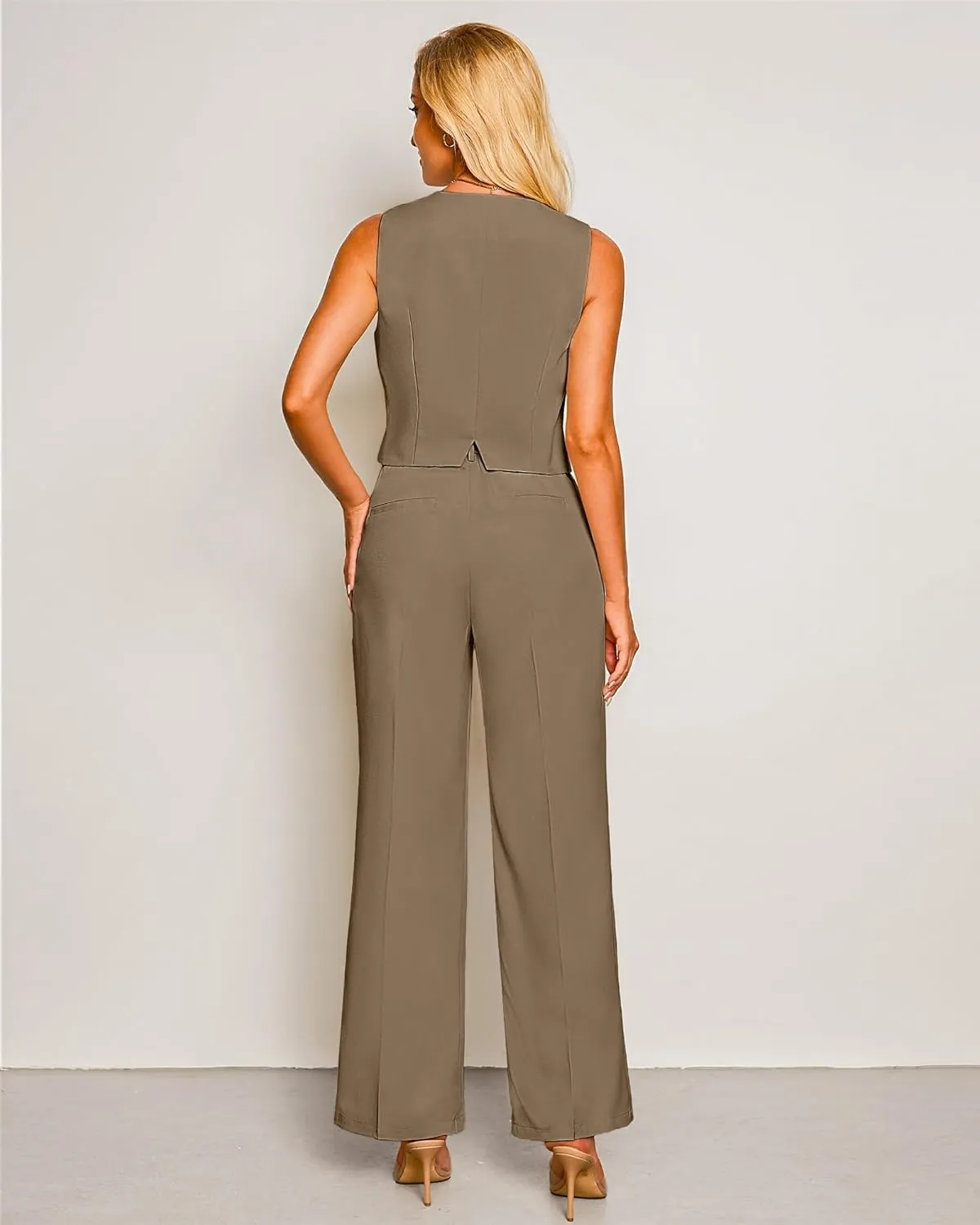 luvamia Pant Suits for Women Dressy Casual 2 Piece Sets Sleeveless Blazer Vest with High Rise Wide Leg Pants Work Office