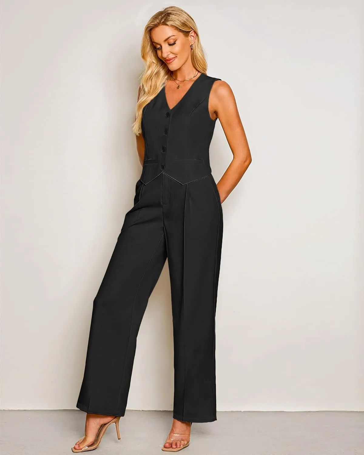 luvamia Pant Suits for Women Dressy Casual 2 Piece Sets Sleeveless Blazer Vest with High Rise Wide Leg Pants Work Office