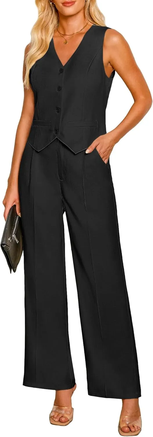 luvamia Pant Suits for Women Dressy Casual 2 Piece Sets Sleeveless Blazer Vest with High Rise Wide Leg Pants Work Office