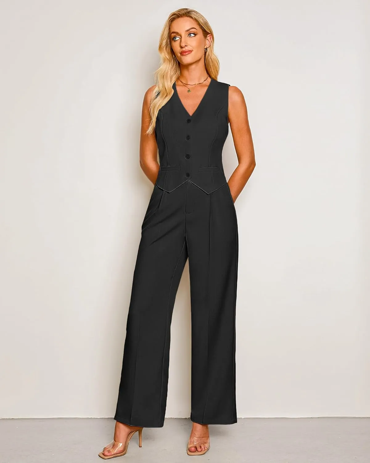 luvamia Pant Suits for Women Dressy Casual 2 Piece Sets Sleeveless Blazer Vest with High Rise Wide Leg Pants Work Office