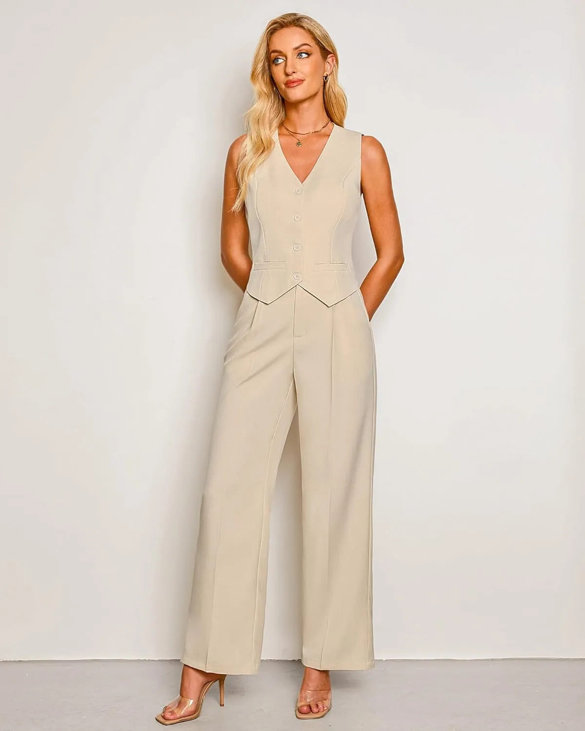luvamia Pant Suits for Women Dressy Casual 2 Piece Sets Sleeveless Blazer Vest with High Rise Wide Leg Pants Work Office