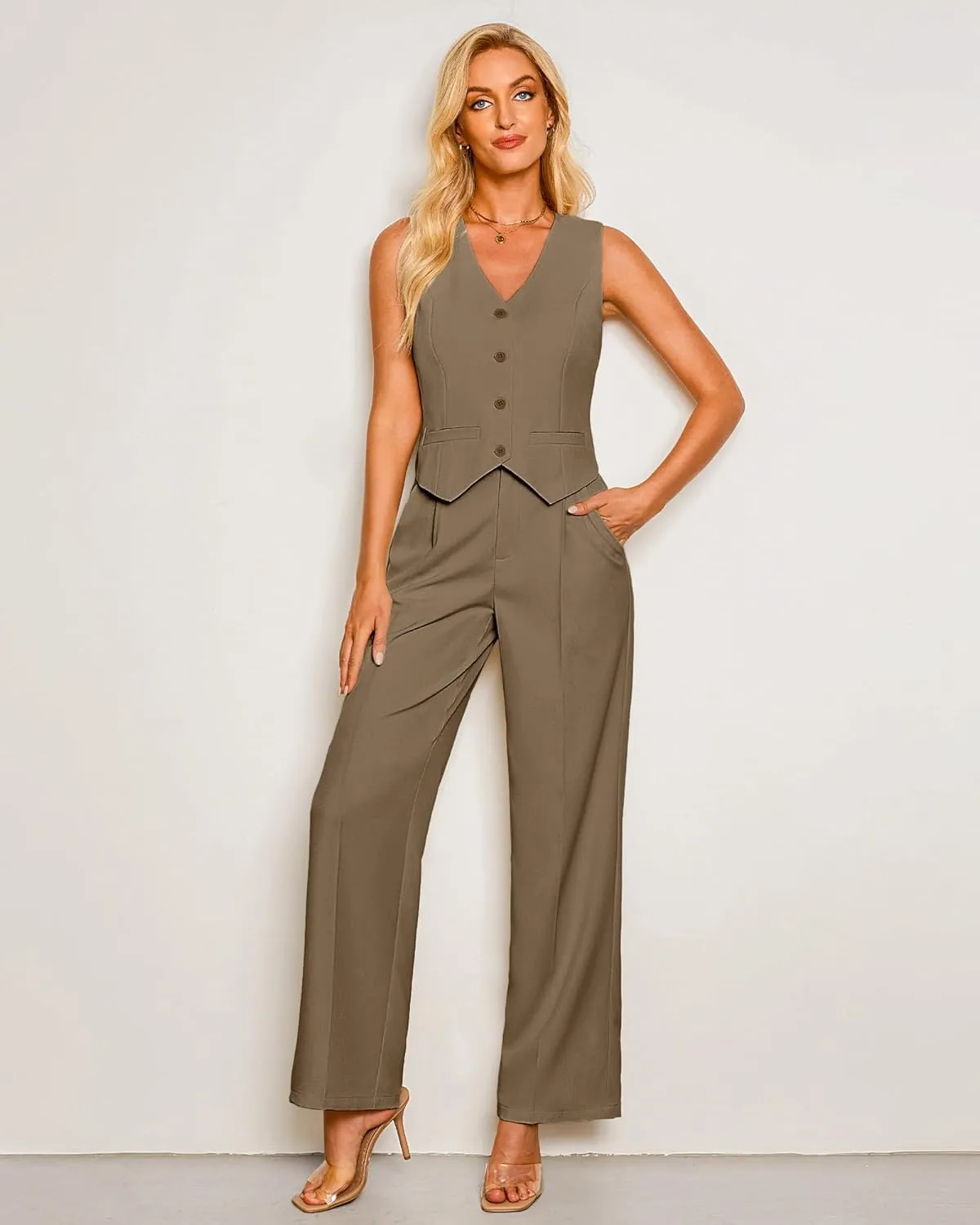 luvamia Pant Suits for Women Dressy Casual 2 Piece Sets Sleeveless Blazer Vest with High Rise Wide Leg Pants Work Office