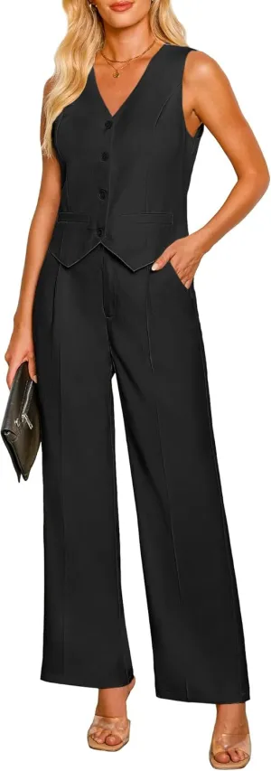 luvamia Pant Suits for Women Dressy Casual 2 Piece Sets Sleeveless Blazer Vest with High Rise Wide Leg Pants Work Office