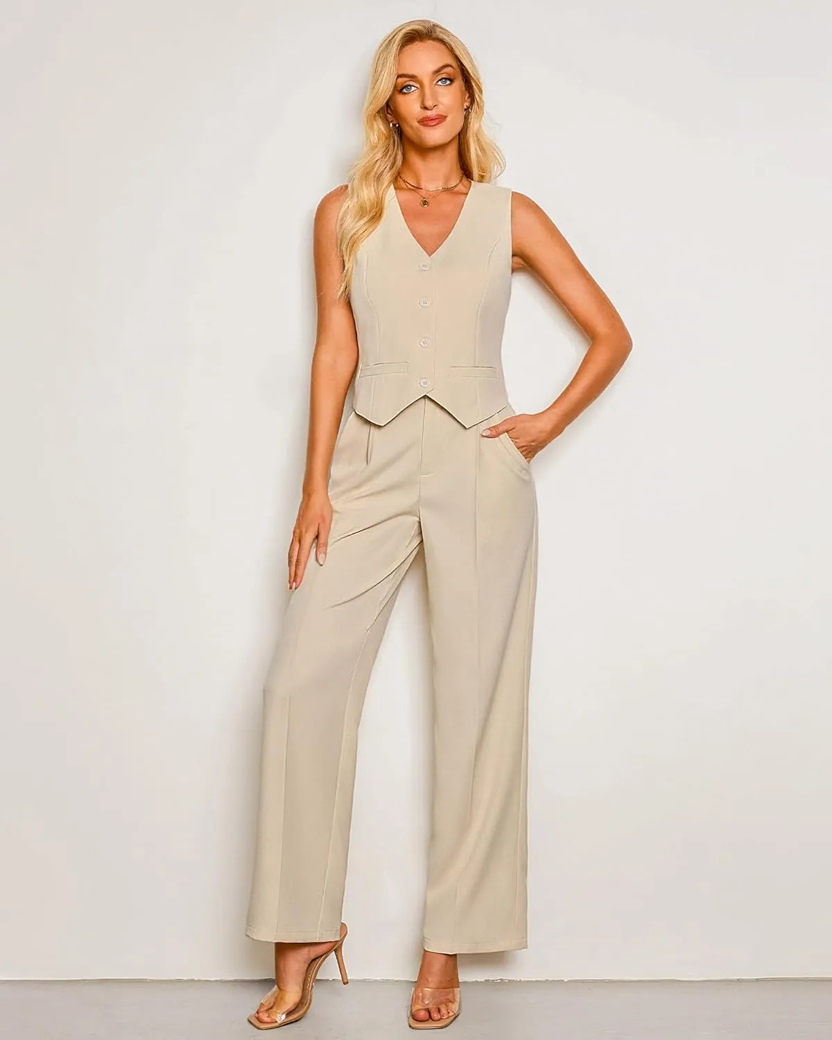 luvamia Pant Suits for Women Dressy Casual 2 Piece Sets Sleeveless Blazer Vest with High Rise Wide Leg Pants Work Office