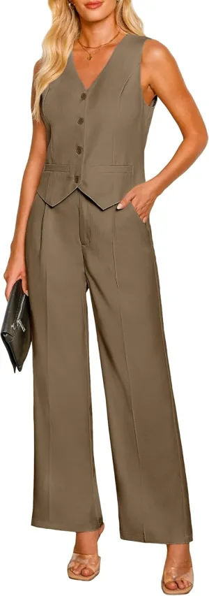 luvamia Pant Suits for Women Dressy Casual 2 Piece Sets Sleeveless Blazer Vest with High Rise Wide Leg Pants Work Office