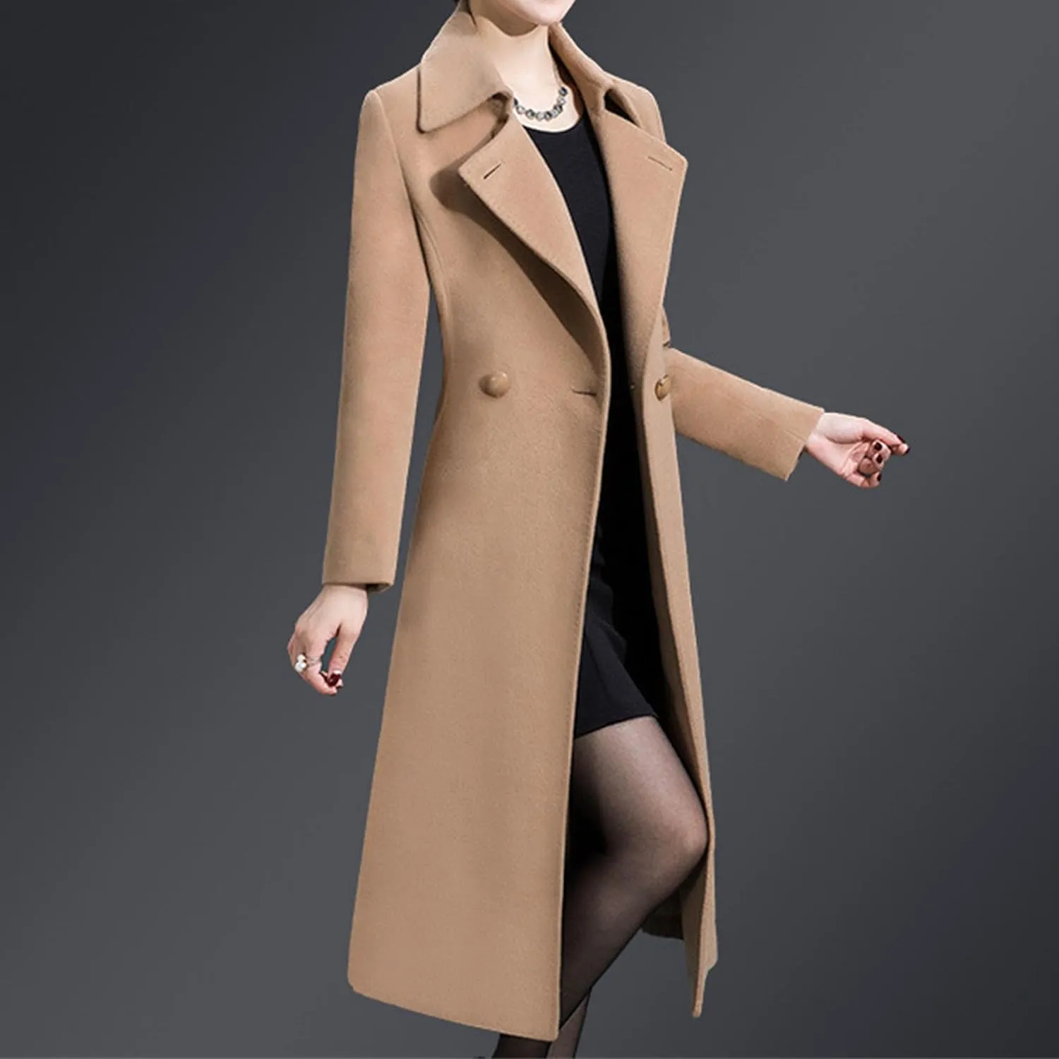 Maiyifu-GJ Women's Elegant Lapel Collar Coat Single Breasted Mid-Long Wool Blend Trench Coat Jackets Spring Fall Overcoat