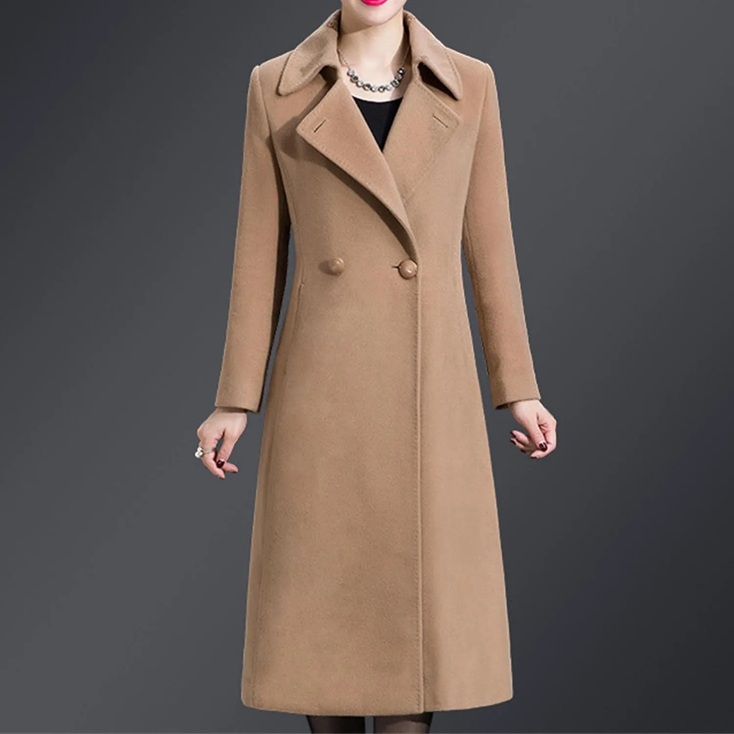 Maiyifu-GJ Women's Elegant Lapel Collar Coat Single Breasted Mid-Long Wool Blend Trench Coat Jackets Spring Fall Overcoat