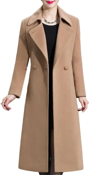 Maiyifu-GJ Women's Elegant Lapel Collar Coat Single Breasted Mid-Long Wool Blend Trench Coat Jackets Spring Fall Overcoat