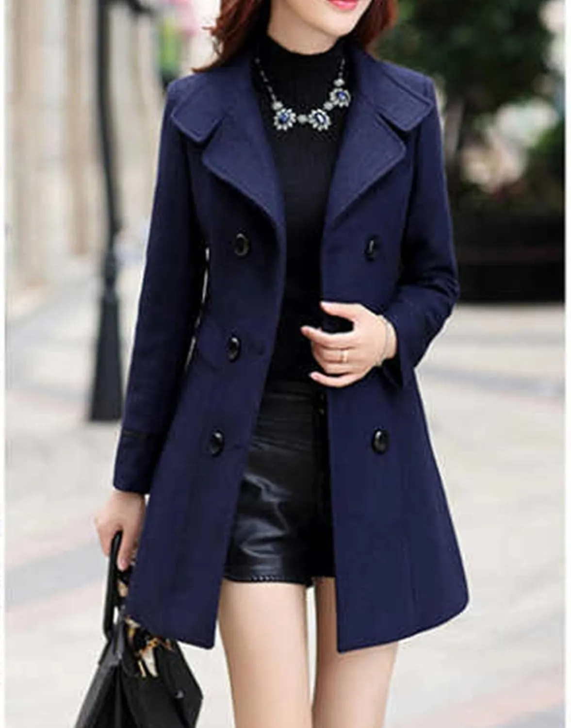 Maiyifu-GJ Women's Mid-Long Wool Blend Coat Double Breasted Notched Lapel Trench Jackets Spring Fall Casual Overcoat
