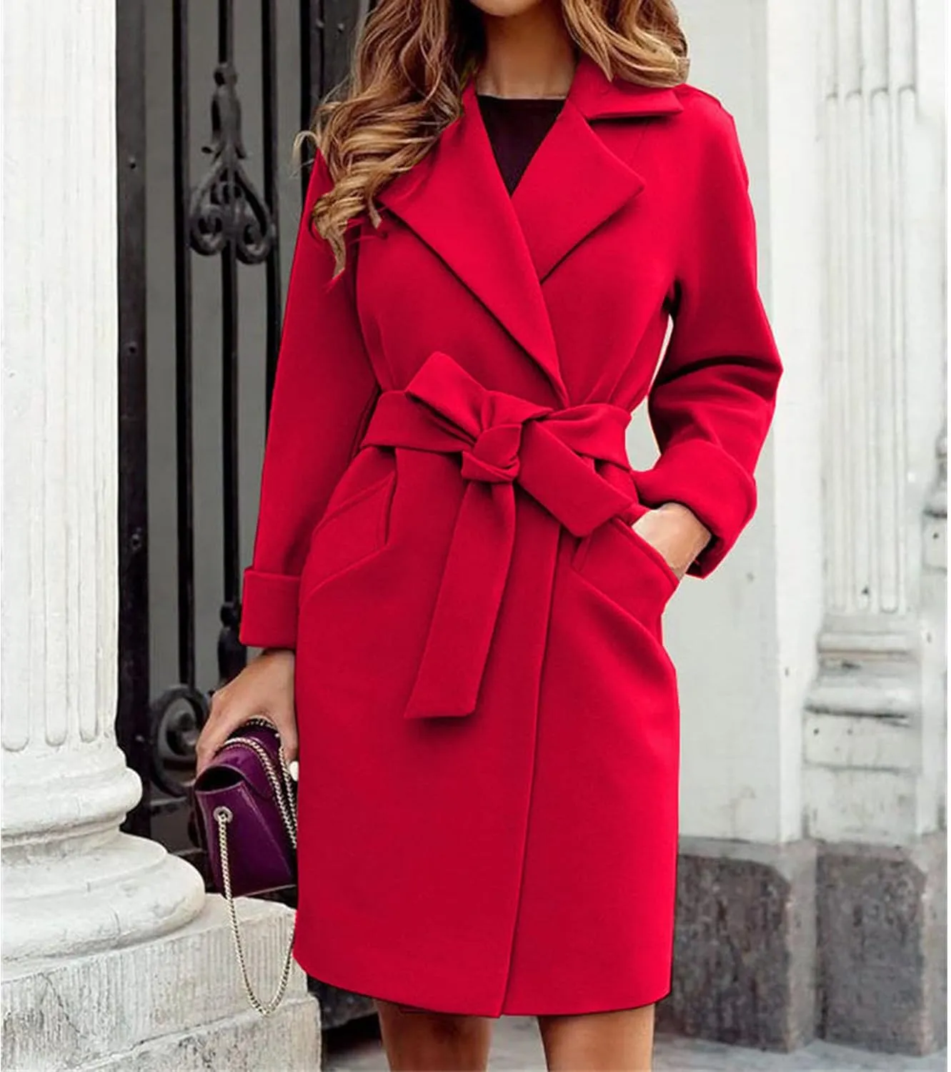 Maiyifu-GJ Women's Wool Blend Long Trench Coat Elegant Notched Lapel Coat Jacket Casual Fall Winter Overcoat with Belt