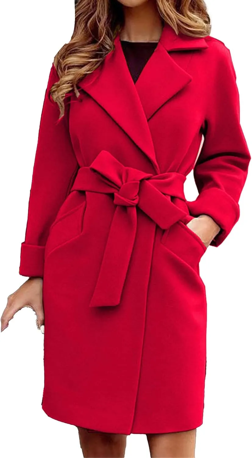 Maiyifu-GJ Women's Wool Blend Long Trench Coat Elegant Notched Lapel Coat Jacket Casual Fall Winter Overcoat with Belt