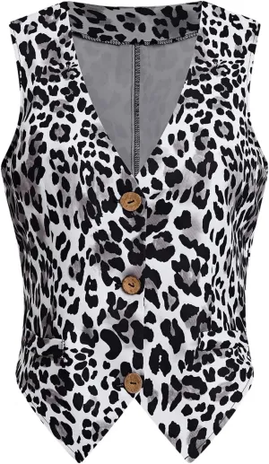 MakeMeChic Women's Leopard Print Vests V Neck Cheetah Vest Sleeveless Jacket Vest Tops Blazer Vests