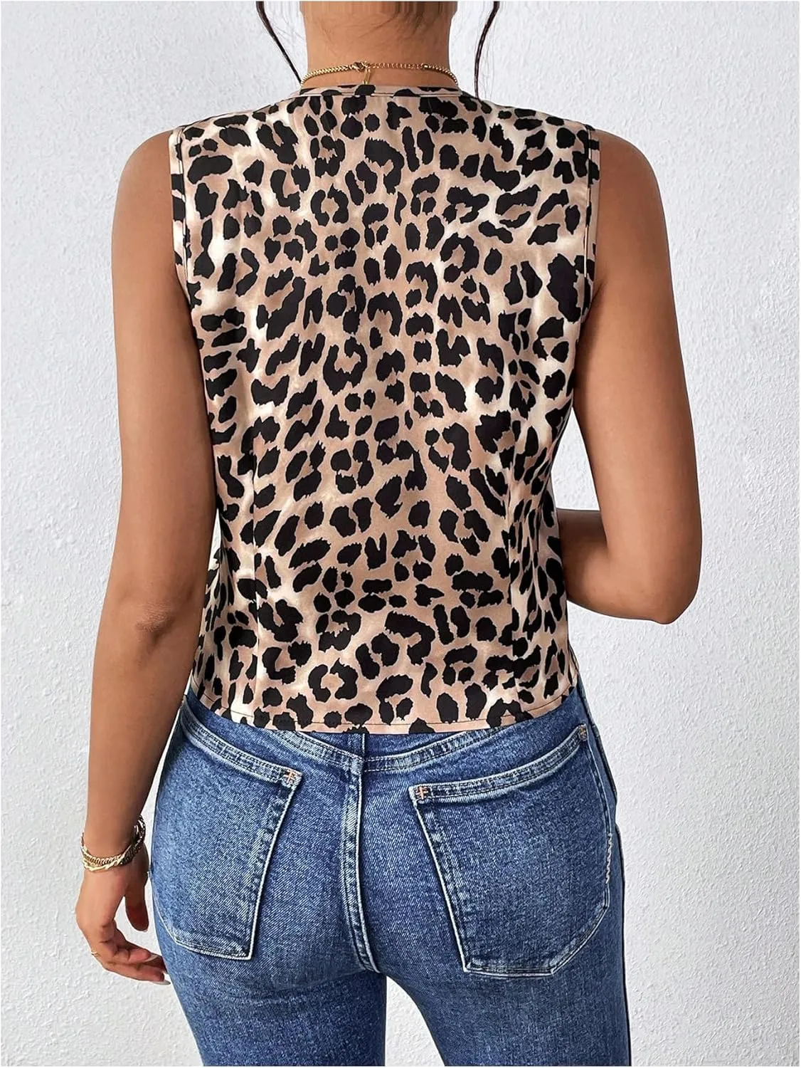 MakeMeChic Women's Leopard Print Vests V Neck Cheetah Vest Sleeveless Jacket Vest Tops Blazer Vests